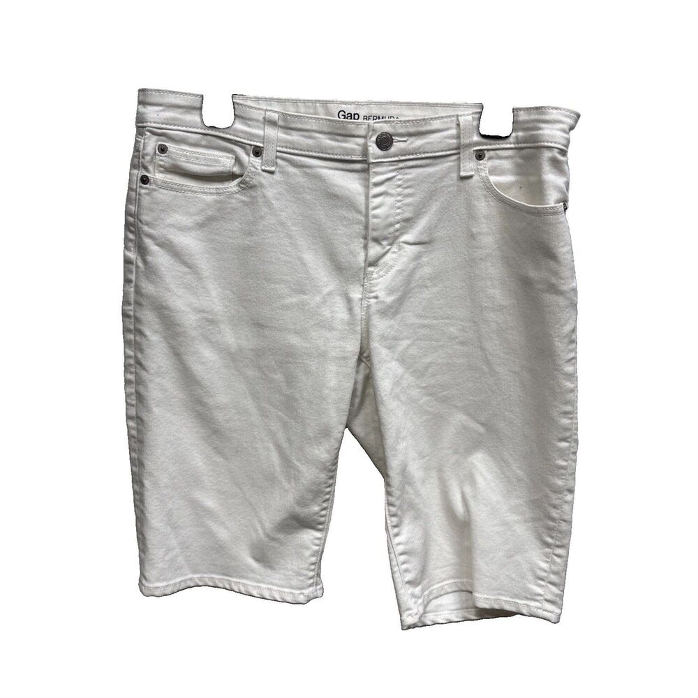 Gap Bermuda Women White Denim Shorts 10 30”Mid-Rise Casual Zip Pockets Button